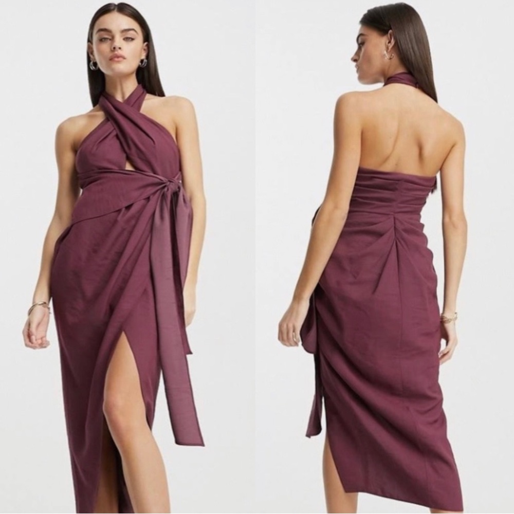 ASOS washed halter cut out midi dress with tie belt in dusty purple